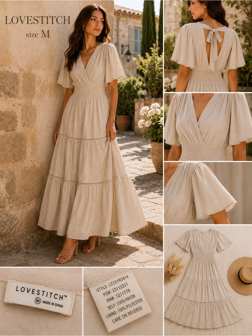 LoveStitch Ivory Beige Floral Jacquard Tie-Back Smocked Maxi Dress M - Picture 2 of 16